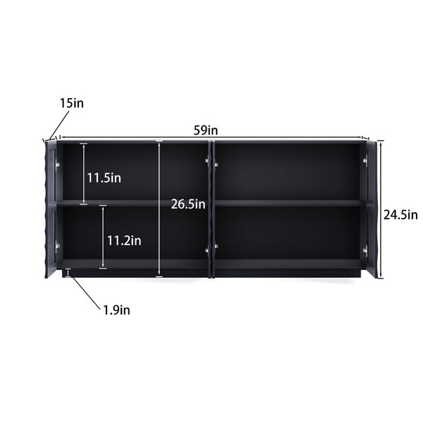 English Elm Buffet Sideboard with Wave Textured Doors Matte Black Sculptural Storage Cabinet W2263P353560