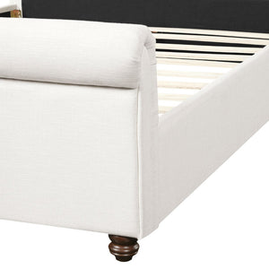 English Elm Queen Linen Upholstered Bed Frame Thick Rolled Headboard Solid Rubberwood Legs Bedroom White N757Q384827W
