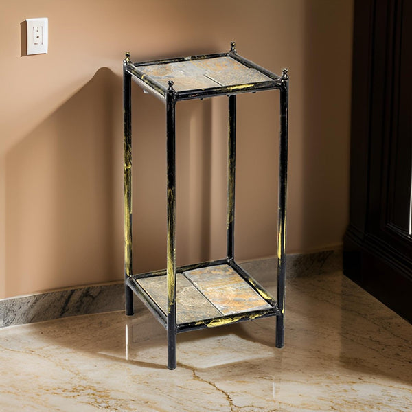 English Elm 2 Tier Stone Top Metal Plant Stand Industrial Glam Display for Indoor Spaces B056P416781