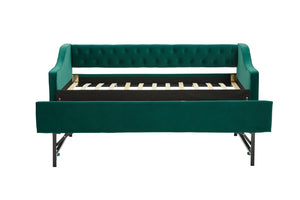 English Elm Twin Velvet Daybed with Pull Out Trundle Tufted Back Usb Port and Side Pockets Emerald W1361S00038