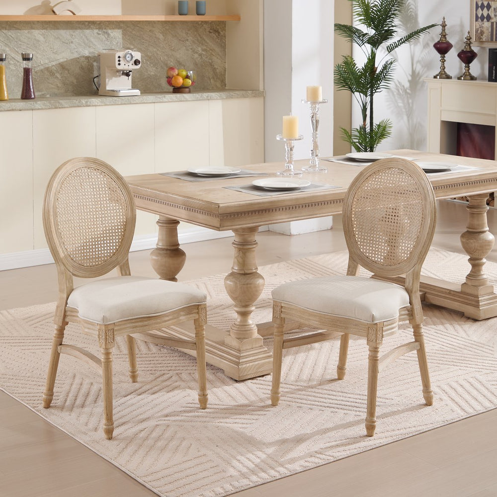 English Elm French Country Dining Chairs Set Of 2 - Upholstered Rattan Back, Stackable, Elegant For Any Space W3426P322684