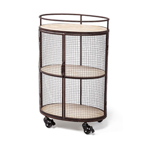 Mercana Saluti II Black Metal Frame cage w/three wood shelves oval Bar Cart 67972