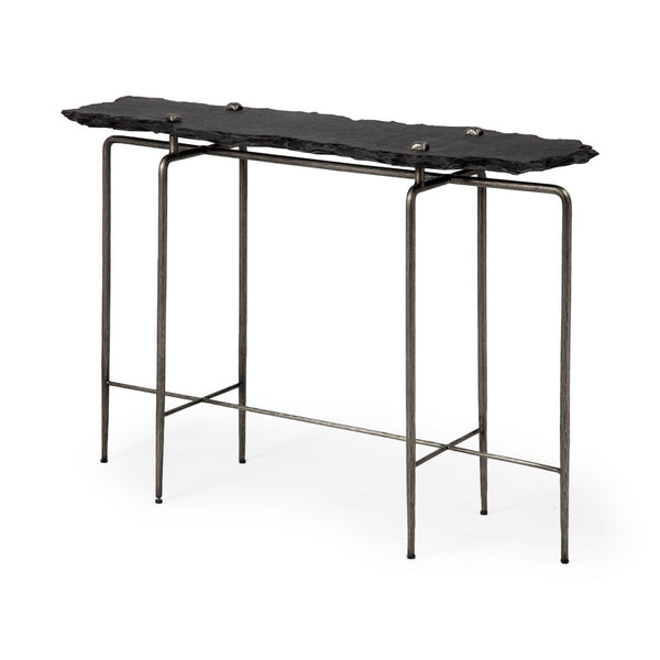 Mercana Pinera Console Table - Stunning Natural-Edge Slate Top with Industrial Iron Base for Modern Spaces Black Slate | Silver Iron 67801-AB