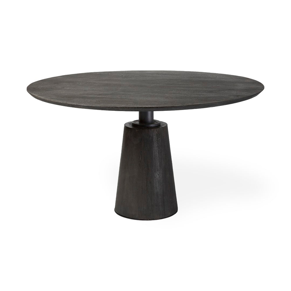 Mercana Maxwell Elegant Round Dining Table in Solid Mango Wood with Charcoal Pedestal for Modern Spaces 54" Brown Wood Top | Brown Wood/Metal Base 67849-AB