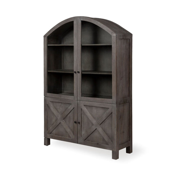 Mercana Barrett Timeless Solid Mango Wood Display Cabinet with Arched Top and Glass Barn Doors for Storage 67846