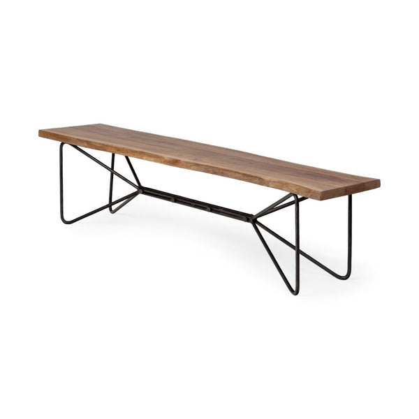 Mercana Papillion III 66" Solid Acacia Wood Dining Bench with Sculptural Iron Base for Stylish Seating Solutions Natural Wood | Black Iron 67854-AB