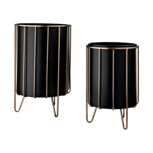 Mercana Pianta 13 x 21 Set of Two Black Metal Insert Brass Frame Plant Stands  67919