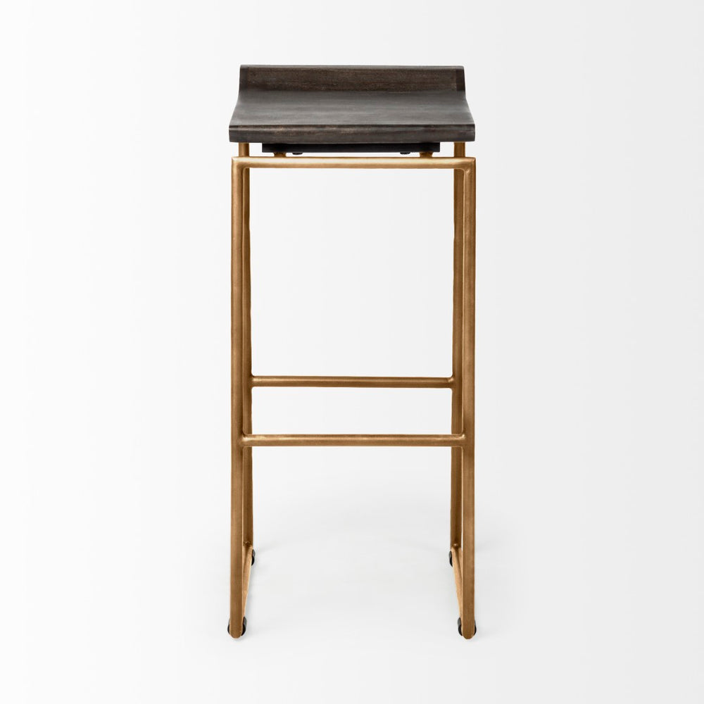 Mercana Givens Stylish Stool with Contoured Wooden Seat and Antiqued Gold Base for Modern Interiors Brown Wood | Gold Metal | Bar 67991