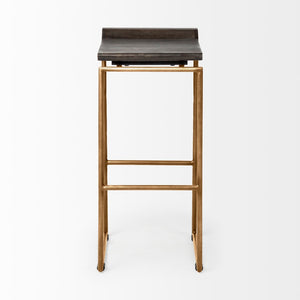 Mercana Givens Stylish Stool with Contoured Wooden Seat and Antiqued Gold Base for Modern Interiors Brown Wood | Gold Metal | Bar 67991