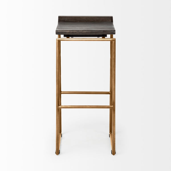 Mercana Givens Stylish Stool with Contoured Wooden Seat and Antiqued Gold Base for Modern Interiors Brown Wood | Gold Metal | Bar 67991