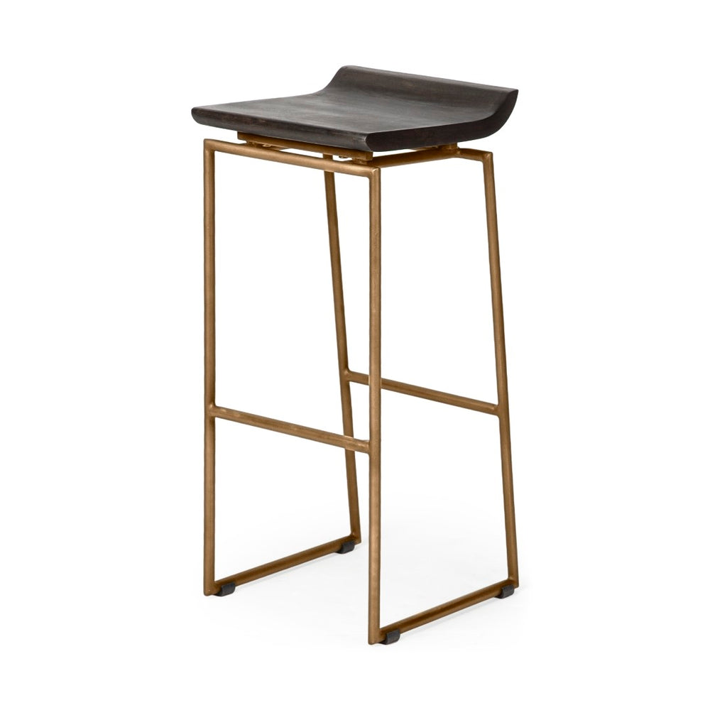 Mercana Givens Stylish Stool with Contoured Wooden Seat and Antiqued Gold Base for Modern Interiors Brown Wood | Gold Metal | Bar 67991