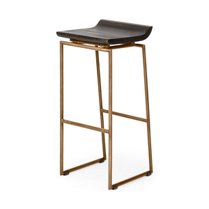 Mercana Givens Stylish Stool with Contoured Wooden Seat and Antiqued Gold Base for Modern Interiors Brown Wood | Gold Metal | Bar 67991