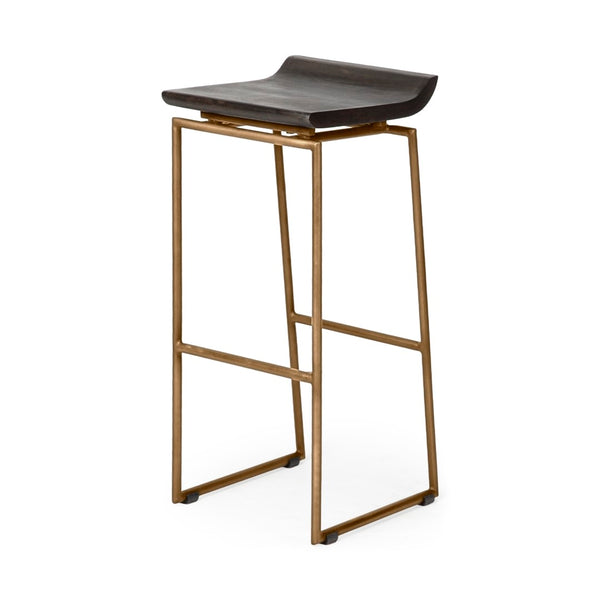 Mercana Givens Stylish Stool with Contoured Wooden Seat and Antiqued Gold Base for Modern Interiors Brown Wood | Gold Metal | Bar 67991