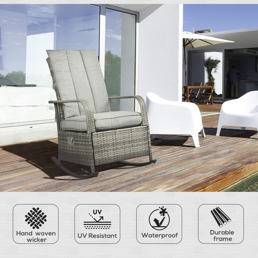 English Elm Outsunny Outdoor Rattan Rocking Recliner With Cushions, Adjustable Footrest & Durable Gray Wicker W2225P174015-GIGA