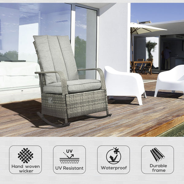 English Elm Outsunny Outdoor Rattan Rocking Recliner With Cushions, Adjustable Footrest & Durable Gray Wicker W2225P174015-GIGA