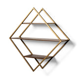 Mercana Neil I Diamond Shape Wall Mounted Brass Frame w Three Wood Wall Shelves 68006