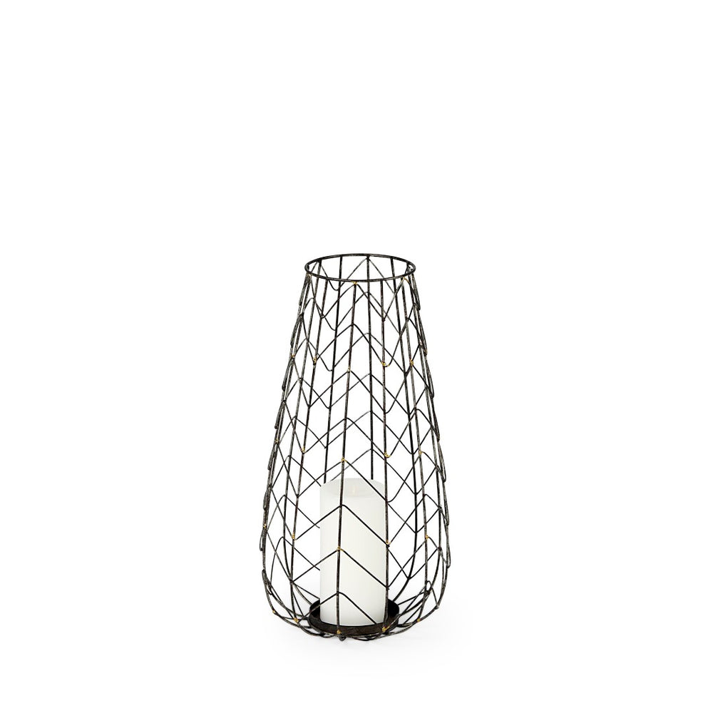 Mercana Petiole Elegant Antiqued-Gold Metal Candle Holder with Chevron Mesh for Luxe Tabletop Display Gold Metal | 16H 68027