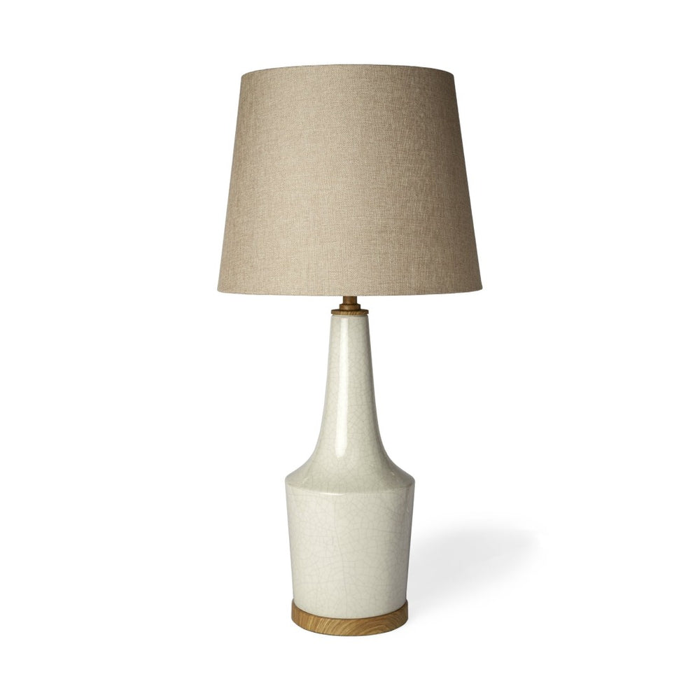 Mercana Rebecca Table Lamp: Elegant Crackled Ceramic Base with Wood Accents & Linen Shade for Stylish Lighting 68109