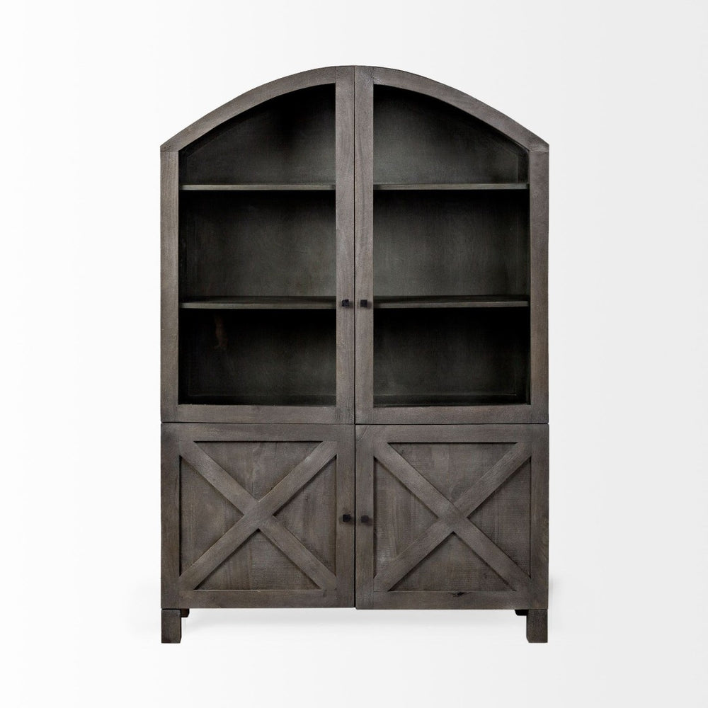 Mercana Barrett Timeless Solid Mango Wood Display Cabinet with Arched Top and Glass Barn Doors for Storage 67846