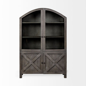 Mercana Barrett Timeless Solid Mango Wood Display Cabinet with Arched Top and Glass Barn Doors for Storage 67846
