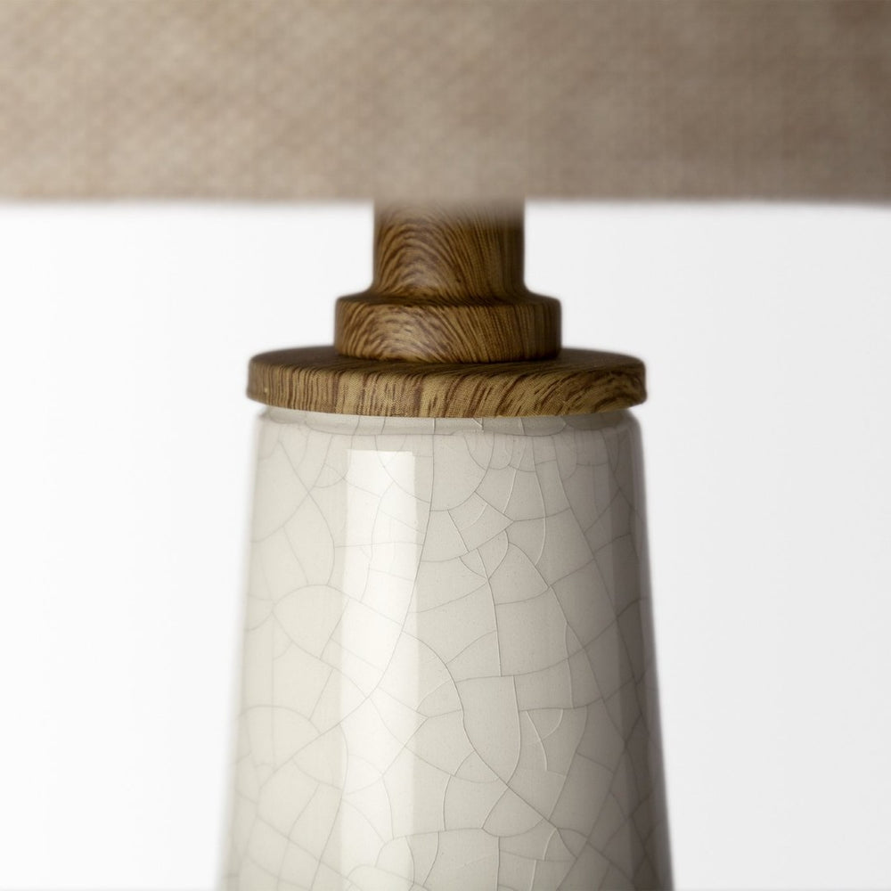 Mercana Rebecca Table Lamp: Elegant Crackled Ceramic Base with Wood Accents & Linen Shade for Stylish Lighting 68109