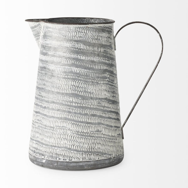Mercana Serena Decorative Metal Jug - Rustic Charm with Textured Design for Home Styling and Accent Decor Gray/White Metal | 11H 68059