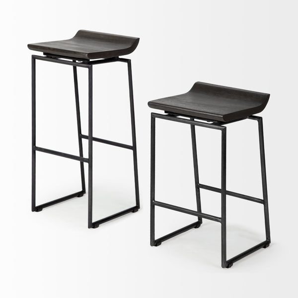 Mercana Givens 24.25"H Contemporary Stool with Ergonomic Wood Seat and Elegant Metal Frame for Versatile Use Black Wood | Black Metal | Bar 67853
