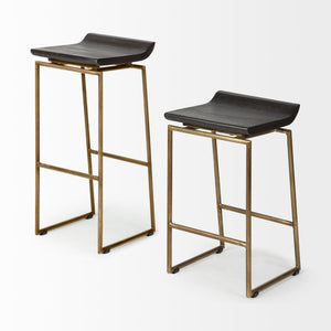Mercana Givens Stylish Stool with Contoured Wooden Seat and Antiqued Gold Base for Modern Interiors Brown Wood | Gold Metal | Bar 67991