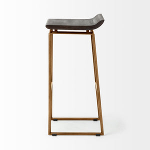 Mercana Givens Stylish Stool with Contoured Wooden Seat and Antiqued Gold Base for Modern Interiors Brown Wood | Gold Metal | Bar 67991