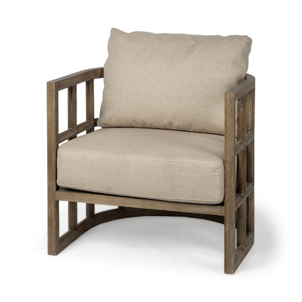 Mercana Skylar Chic Demi-Lune Accent Chair with Plush Cushions and Sculptural Wooden Frame for Any Space Tan Fabric | Brown Wood 67515