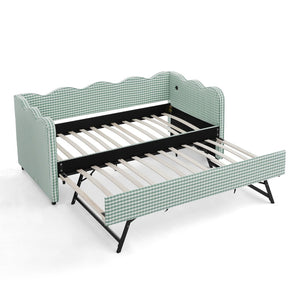 English Elm Cozy Gingham Linen Daybed with Pull Out Trundle Usb Port Wave Back Twin Sofa Cyan W1413S00120
