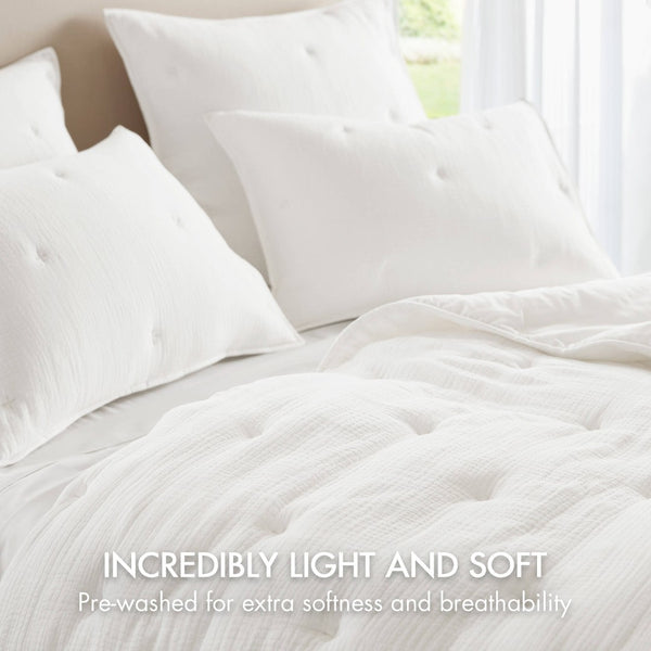English Elm 3-piece Cotton Muslin Quilt Set Crinkled Texture Embroidered Tacking Breathable Bedding White B035P408347