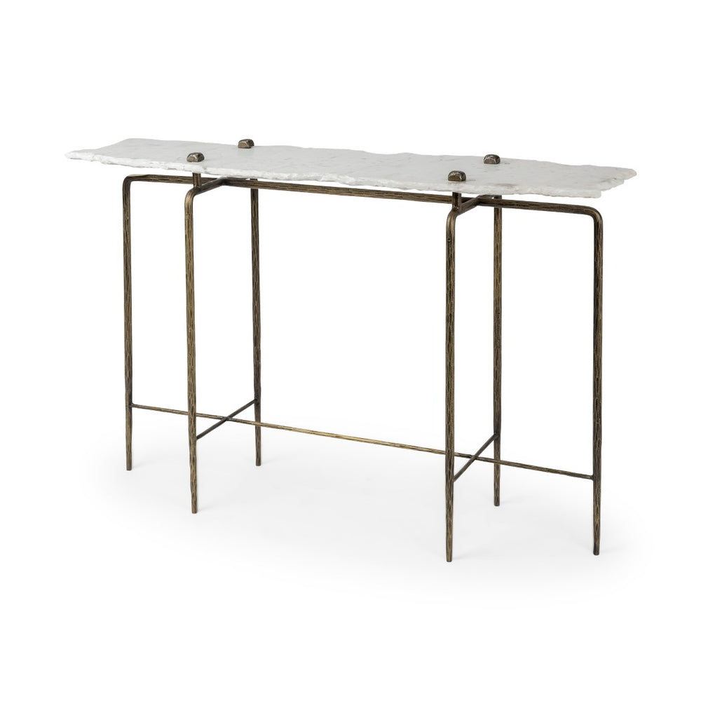 Mercana Pinera Console Table - Stunning Natural-Edge Slate Top with Industrial Iron Base for Modern Spaces White Marble | Gold Iron 68245-AB
