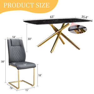 English Elm Table and Chair Set Marble Glass Top with Sculptural Gold Legs Six Seat Glam Dining Black+Gold,Dark Gray W1151S03297