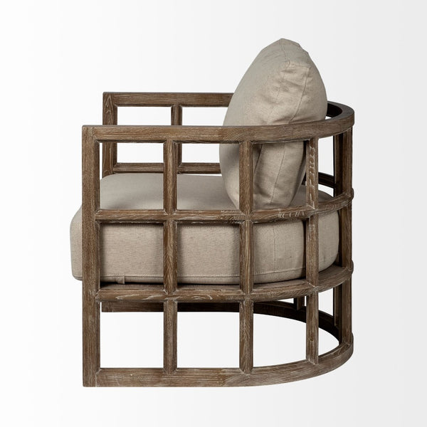 Mercana Skylar Chic Demi-Lune Accent Chair with Plush Cushions and Sculptural Wooden Frame for Any Space Tan Fabric | Brown Wood 67515