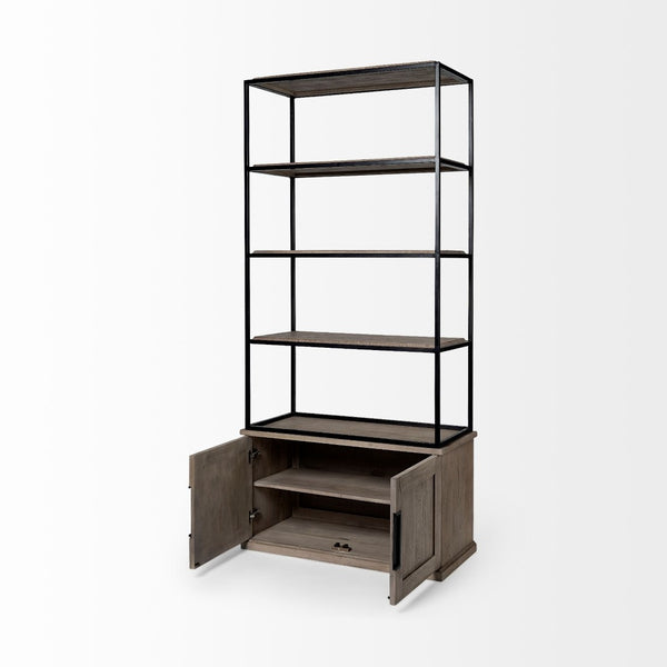 Mercana Braxton Three-Shelf Industrial Farmhouse Shelving Unit for Stylish Storage and Display Solutions Light Brown Wood | Black Metal | 42L 68203-AB