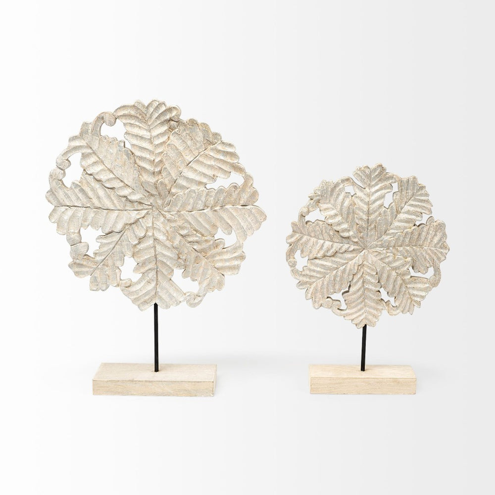 Mercana Kamara Decorative Object - Hand-Finished White-Washed Wood with Antiqued Silver Botanical Accent Natural Wood | 17H 68169