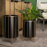 Mercana Pianta 13 x 21 Set of Two Black Metal Insert Brass Frame Plant Stands  67919