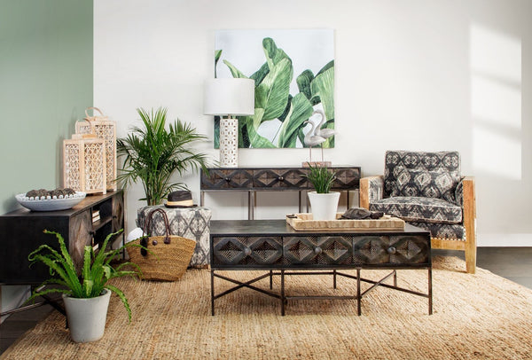 Mercana Pallu Boho-Inspired Ottoman with Elegant Geometric Design and Sturdy Wooden Base for Home Decor 67489