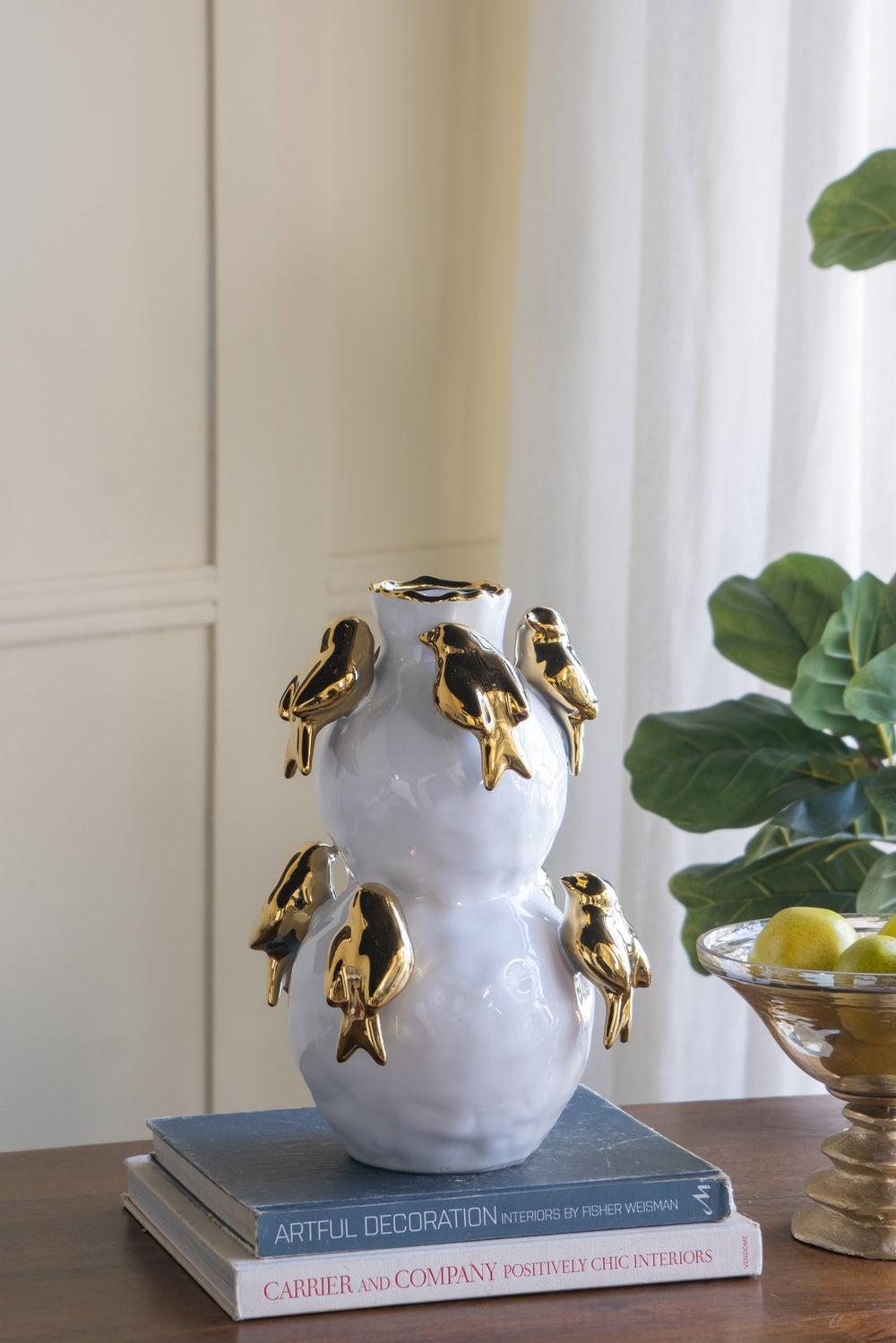 English Elm 8.5x8.5x14" Two-Tiered White Ceramic Vase with Gold Bird Accents — Elegant Sculptural Home Decor Statement W2078P390442
