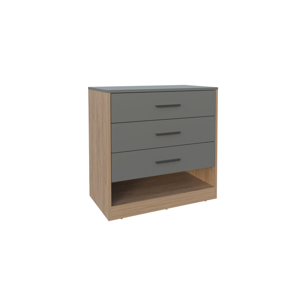 English Elm Dresser, Matte Gray 3-Drawer Chest with Open Shelf, Compact Engineered Wood, Modern Oak Accents B097P296804