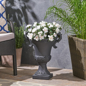 Christopher Knight Home® - Noble House - Delphine Outdoor Traditional Roman Chalice Garden Urn Planter with Frond Accents, Black