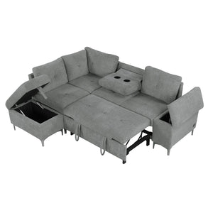 English Elm 88.2" L-shaped Sofa Bed with Storage Ottoman, Drop-Down Table, Dual Cup Holders & USB Charging Ports Gray N719S001830E