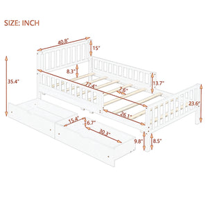 English Elm Twin Pinewood Platform Bed with Headboard, Guardrails & Two Underbed Drawers for Storage Walnut 70.6 L x 17.1 W x 5.9 H N733P172696D