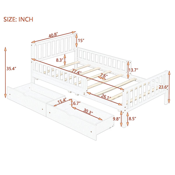 English Elm Twin Pinewood Platform Bed with Headboard, Guardrails & Two Underbed Drawers for Storage Walnut 70.6 L x 17.1 W x 5.9 H N733P172696D