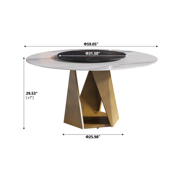 English Elm 59.05" Round Marble Dining Table With Lazy Susan - Sleek Bronze Base, Seats 6-8, Perfect For Dining! W1535S00413