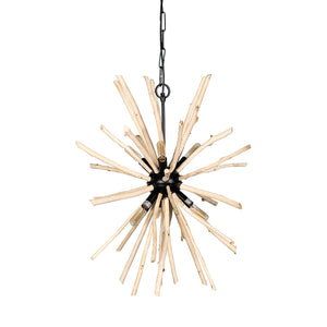 Mercana Jules 25x25 Blonde Wood and Black Metal Six Bulb Chandelier Light  68404