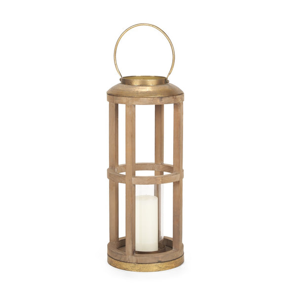 Mercana Andy I Tall Cylindrical Lantern – Rustic Farmhouse Candle Holder with Antique Brass Accents Natural Wood | 26H 68442