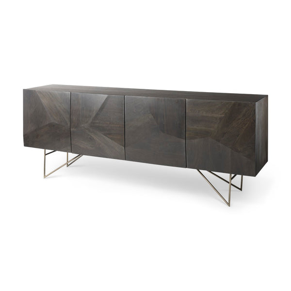 Mercana Darwin Sideboard: Elegant Solid Wood Cabinet with Geometric Doors for Stylish Storage Solutions Brown Wood | Gold Metal 68472