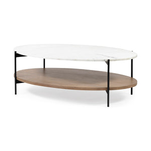 Mercana Larkin Two-Tier Coffee Table with Unique Marble Top and Solid Wood Shelf in Black Metal Frame White Marble | Brown Wood 68489-AB